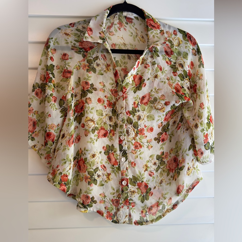 Poetry Floral Button-Down Shirt - Red, Green, Cream